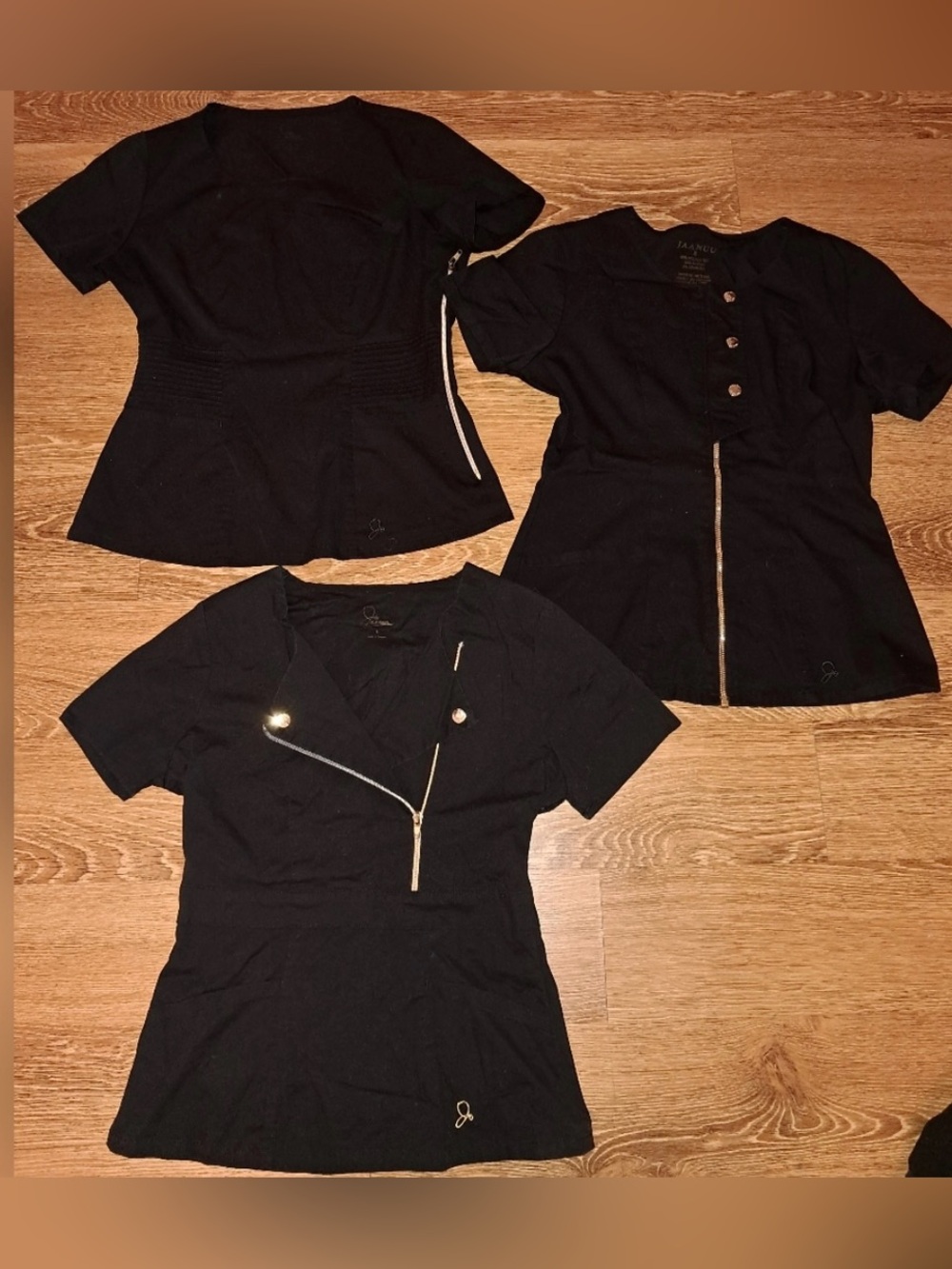Jaanuu Black Nursing Scrub Tops with Gold Zipper Details (Set of 3) Size Small